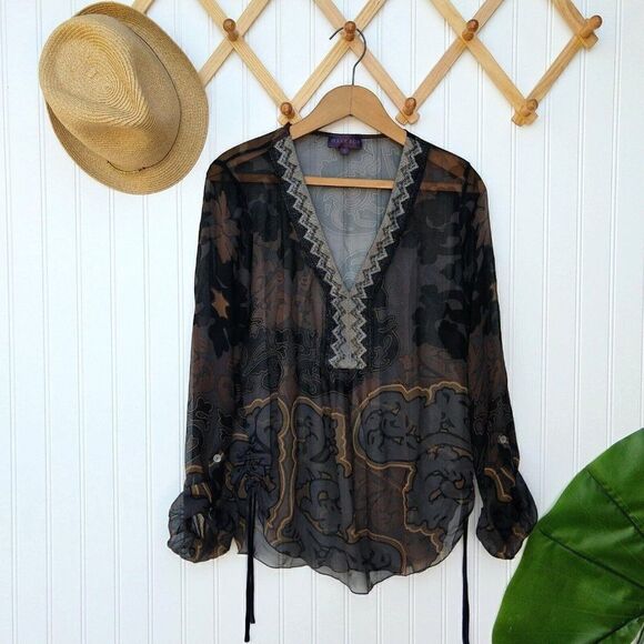 Hale Bob Silk Top Size S Neutral Tones Floral Tapestry Semi Sheer Brown Black - Picture 1 of 12